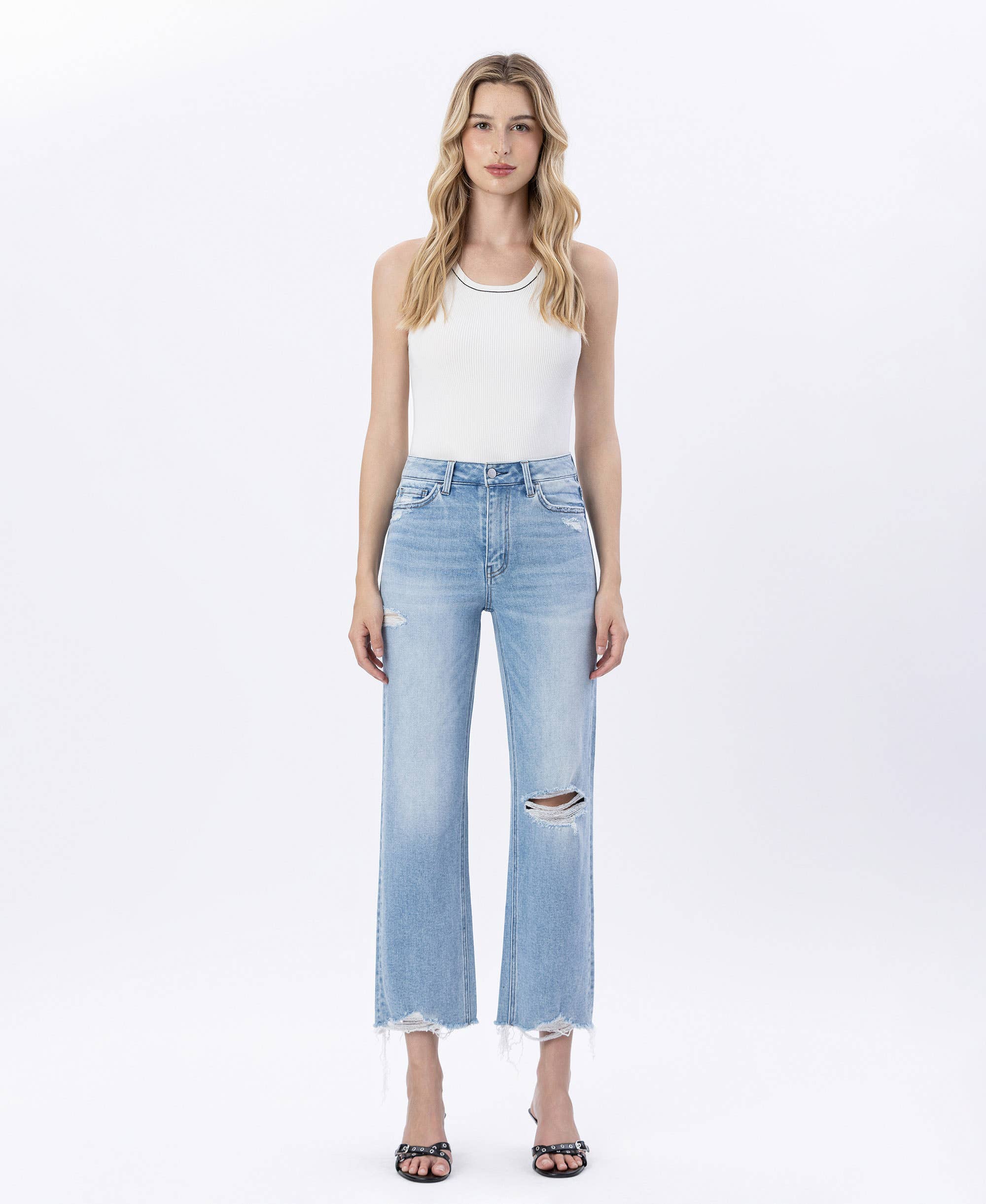 Ezra High Rise Distressed Slim Wide Jeans