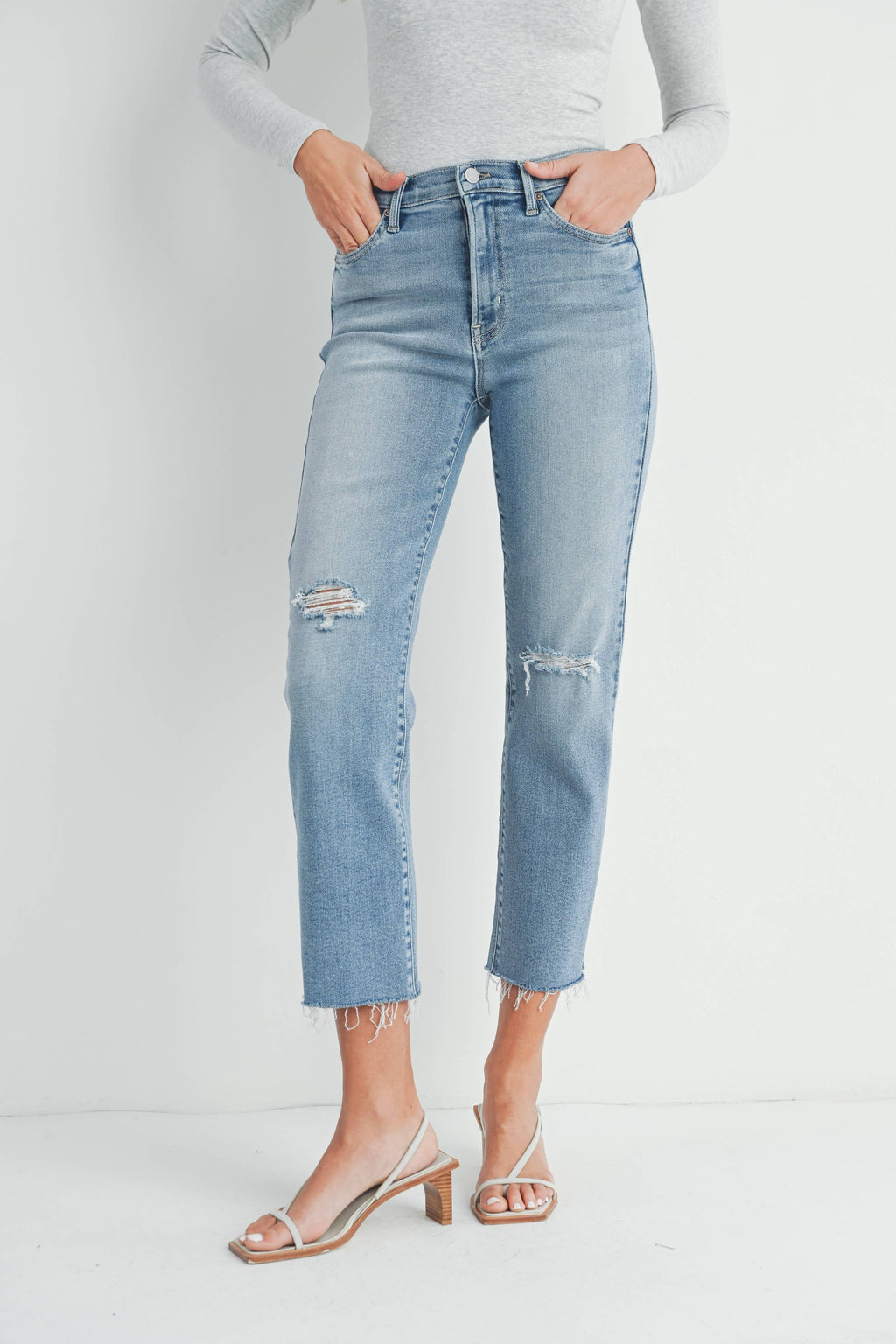 The Maeve Distressed Slim Straight Denim
