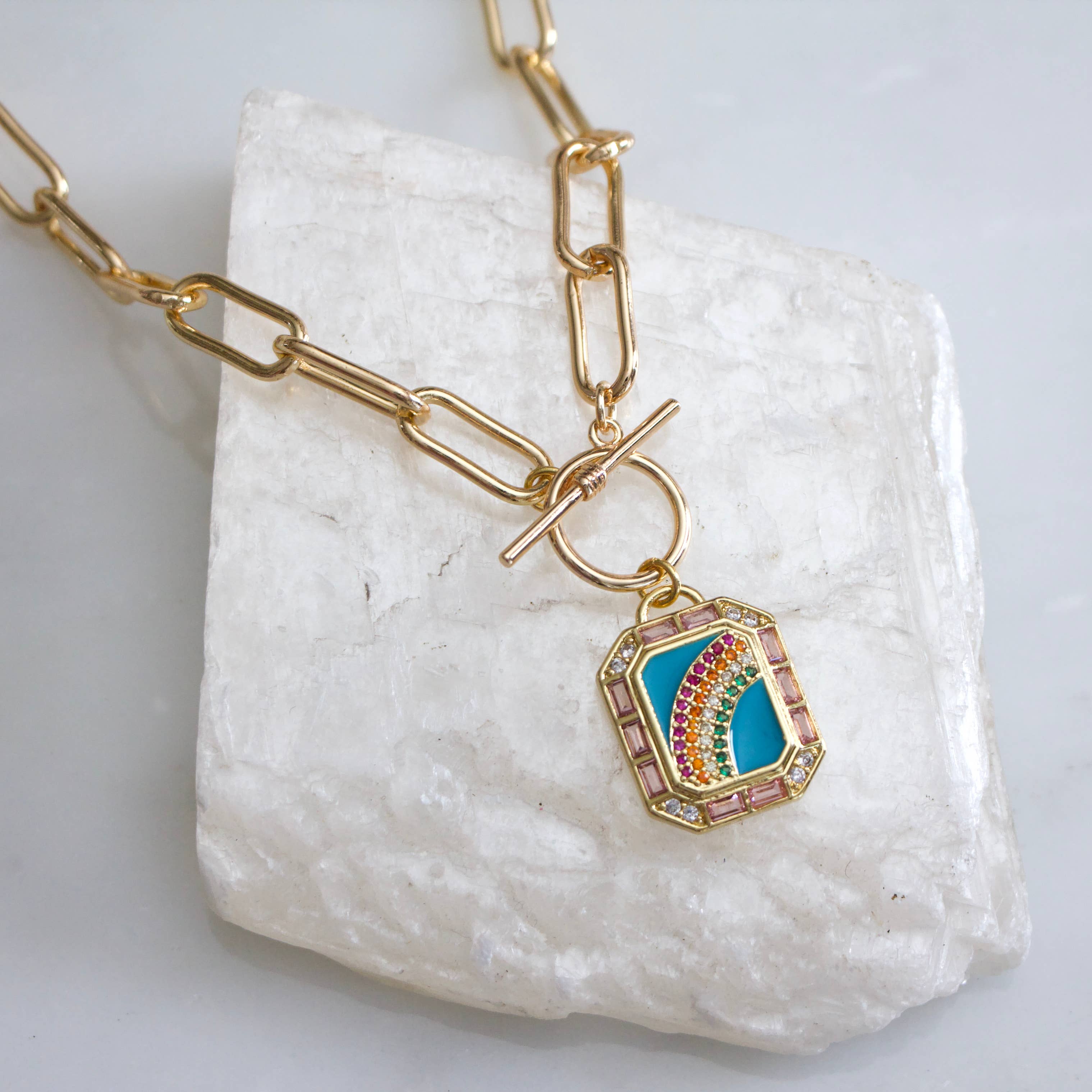 CZ Enamel Rainbow Paperclip Toggle Necklace