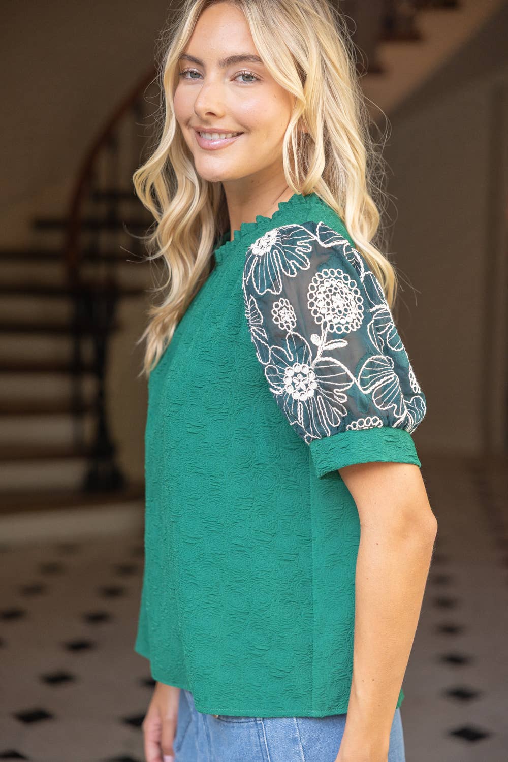 The Haley Floral Embroidered Lace Puff Sleeve Top