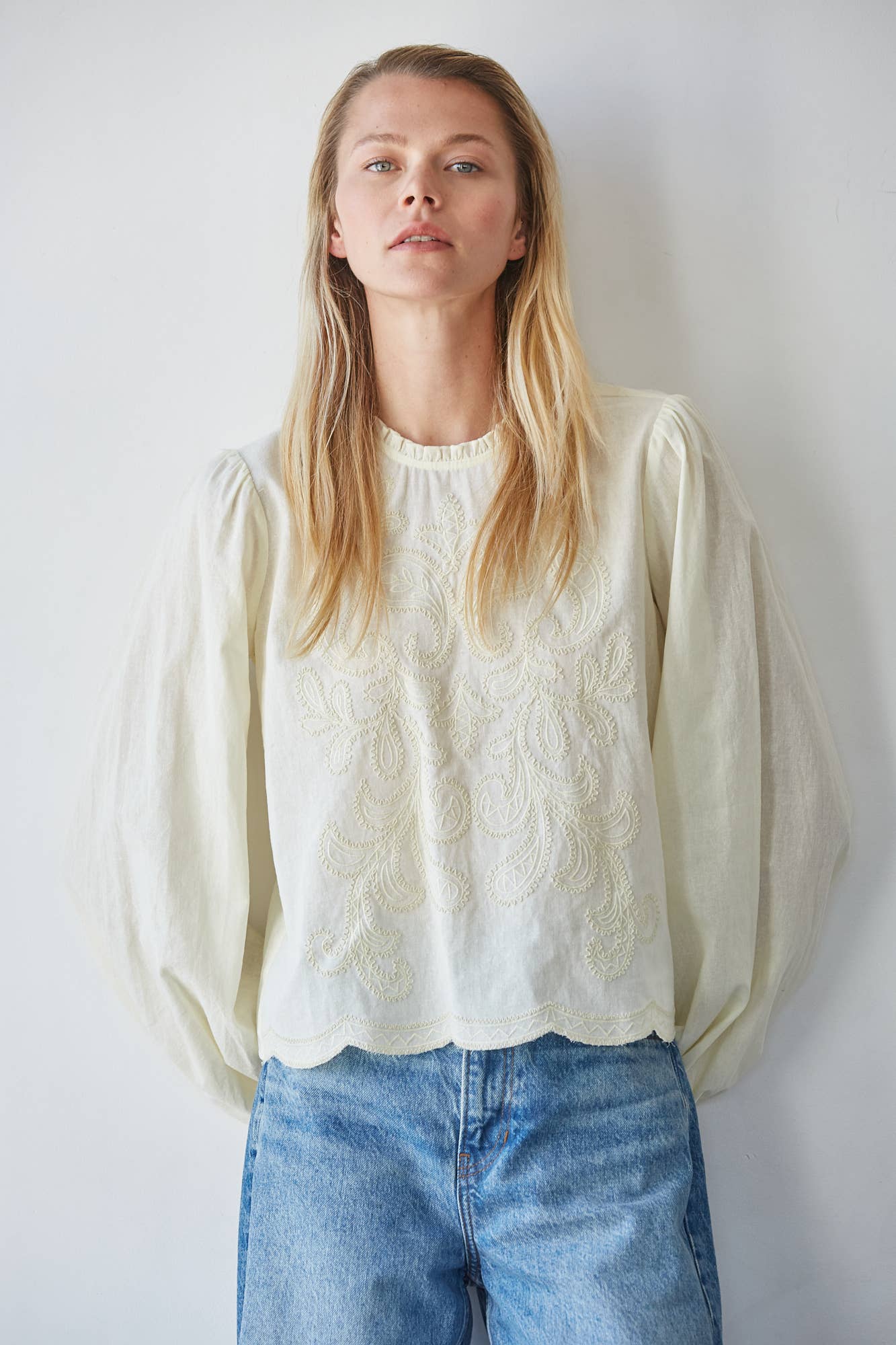 The Jordyn Mock Ruffle Neck Embroidered Top