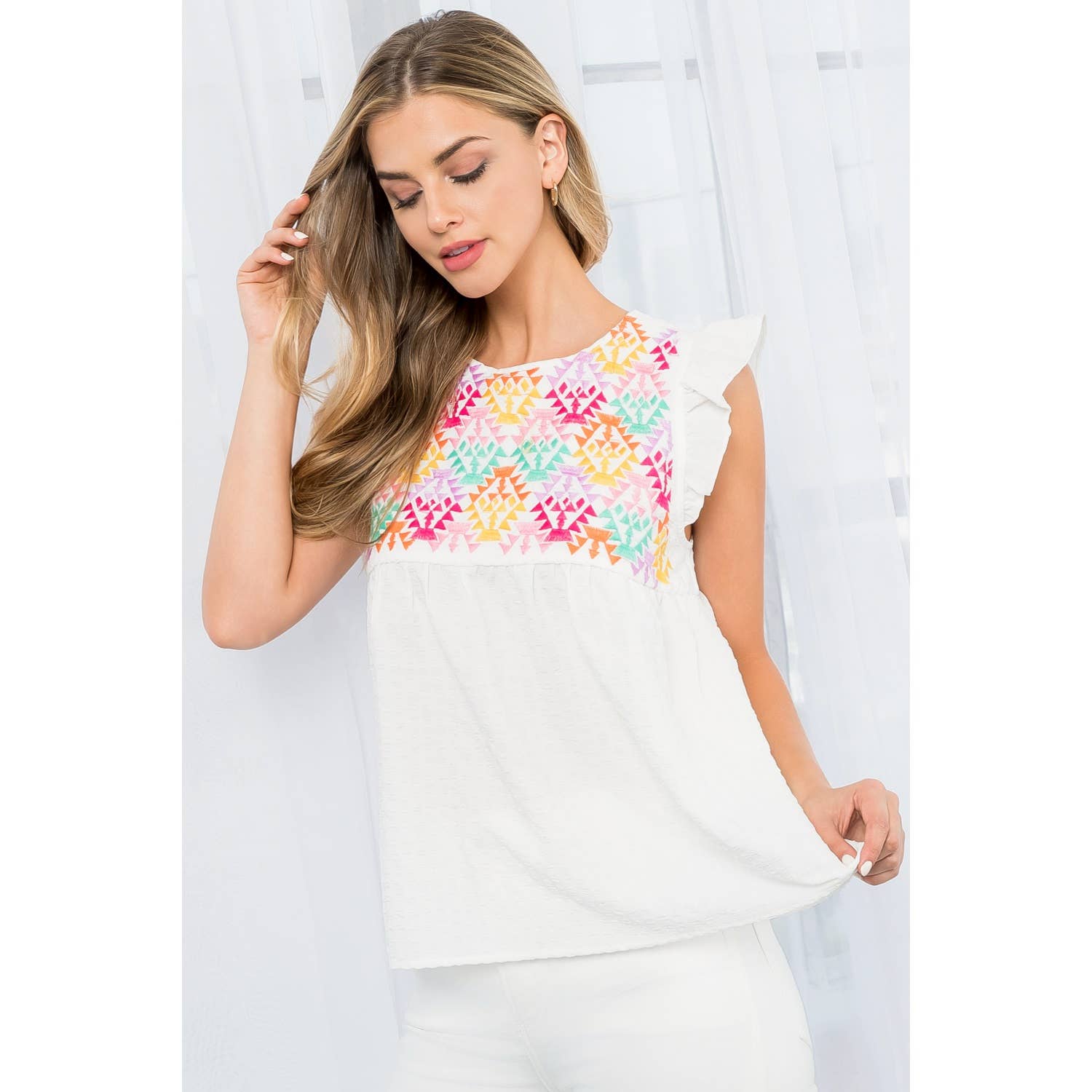 The Leah Embroidered Textured Top with Ruffles