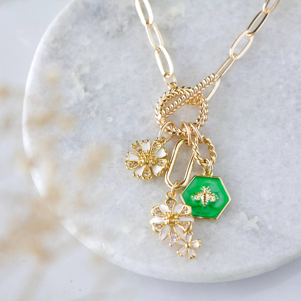Enamel Bee and Flowers Charm Toggle Necklace 