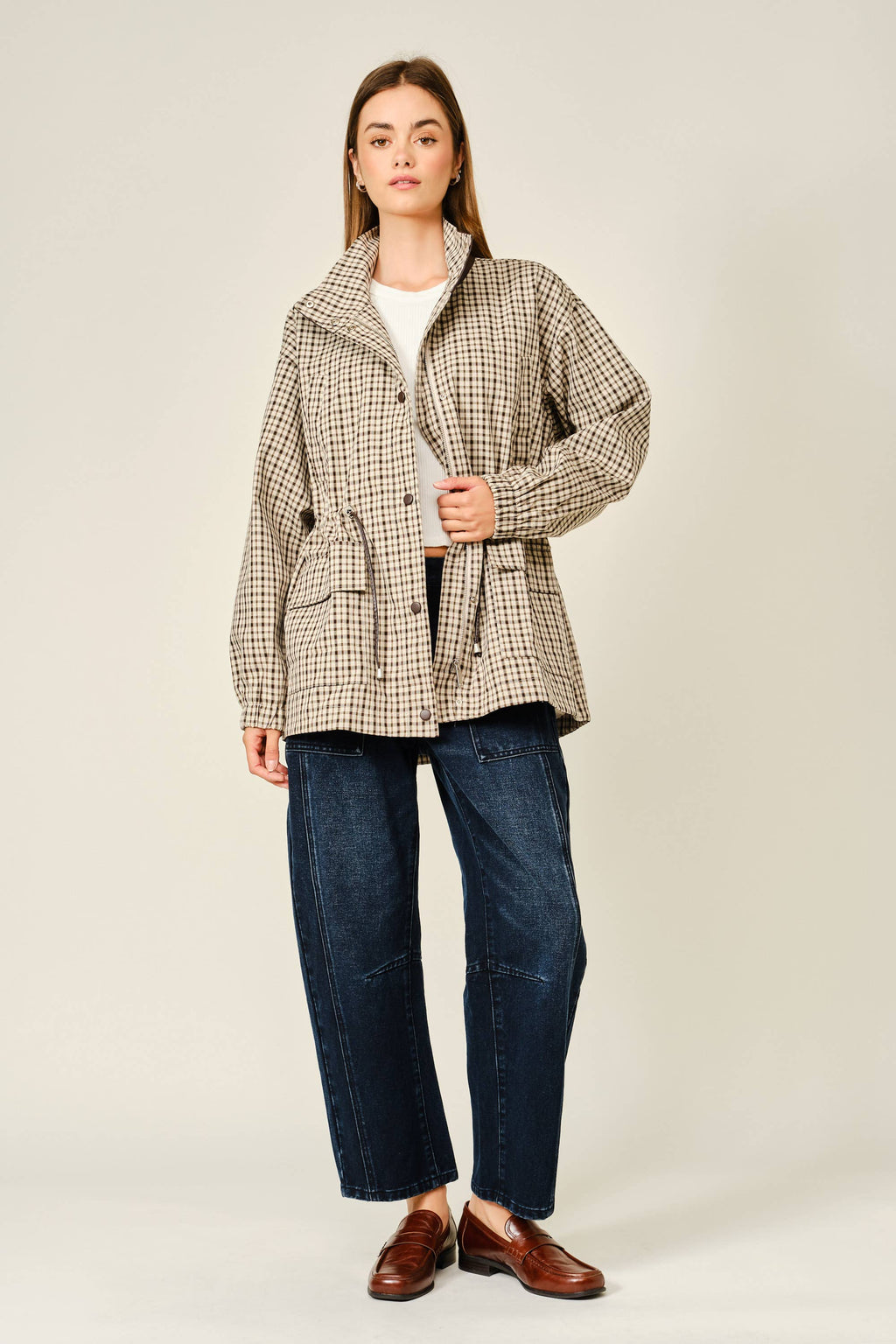 The Rainn Plaid Faux Leather Mock Neck Jacket