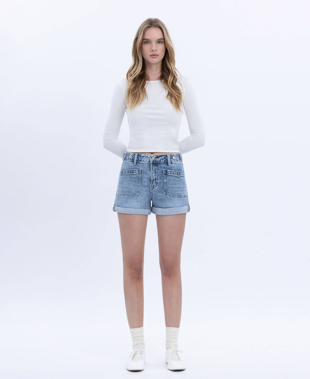 High Rise Cuffed Denim Shorts