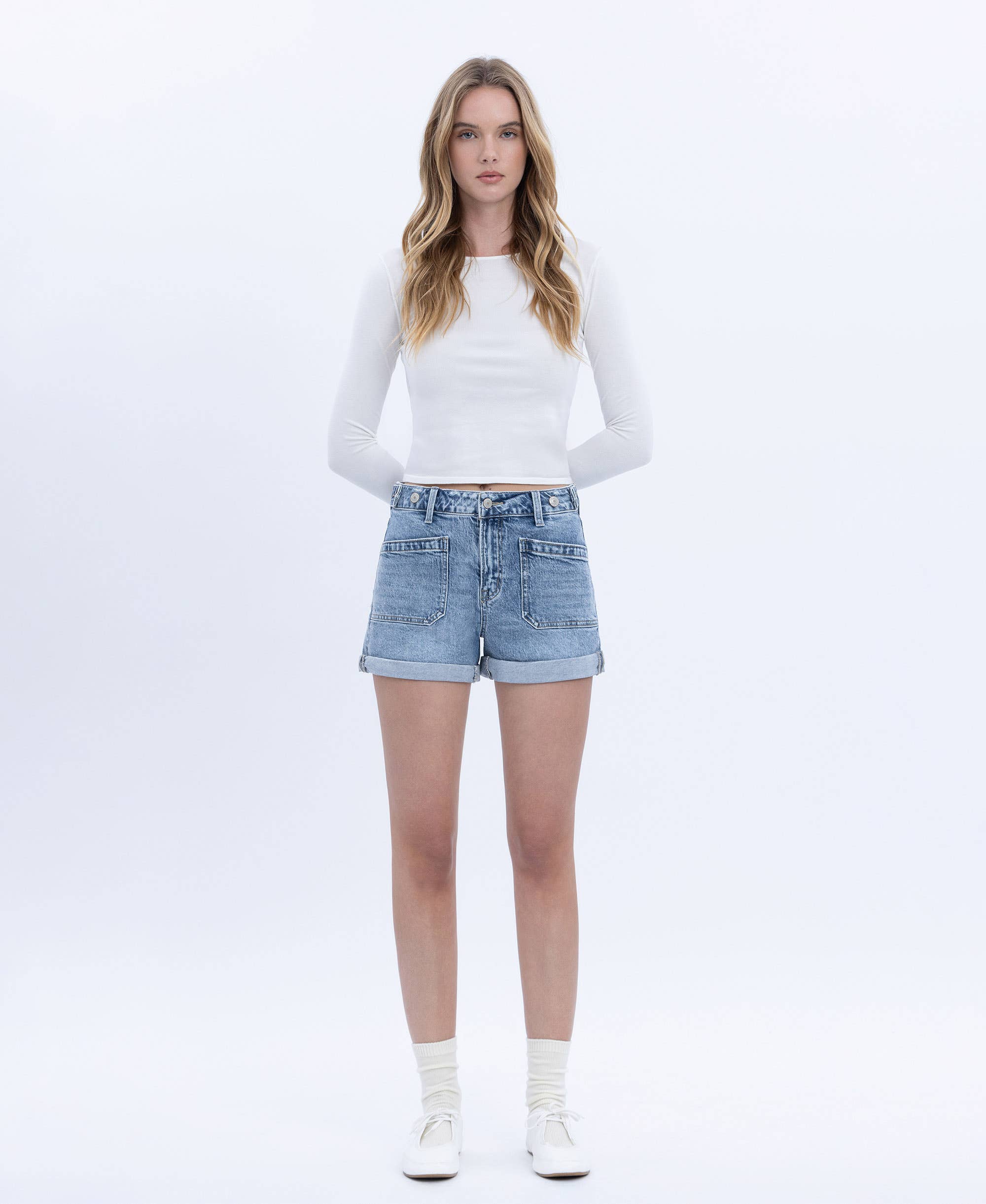 High Rise Cuffed Denim Shorts