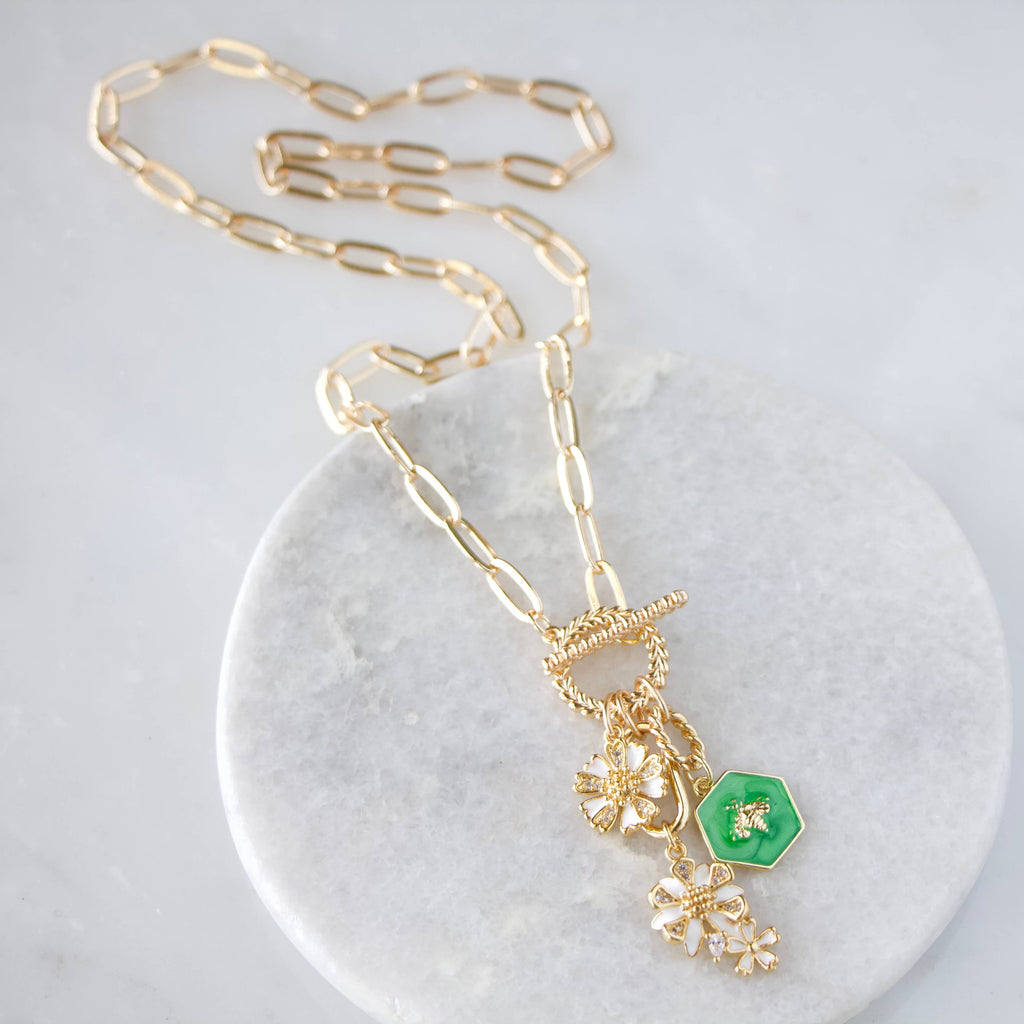 Enamel Bee and Flowers Charm Toggle Necklace 