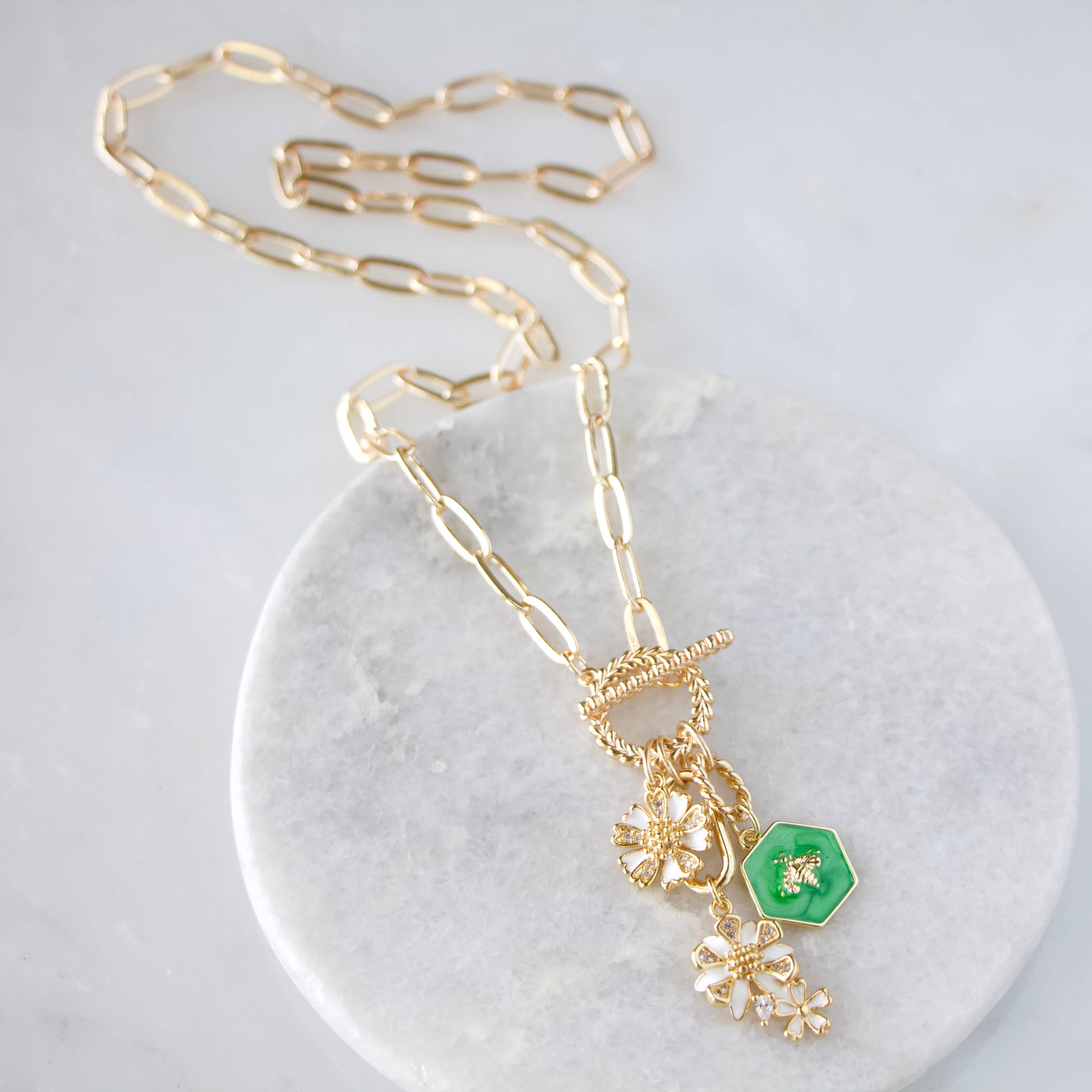 Enamel Bee and Flowers Charm Toggle Necklace 