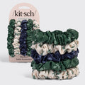 Ruched Satin Scrunchies 5pc Set - Cream, Court Green & Navy Blue