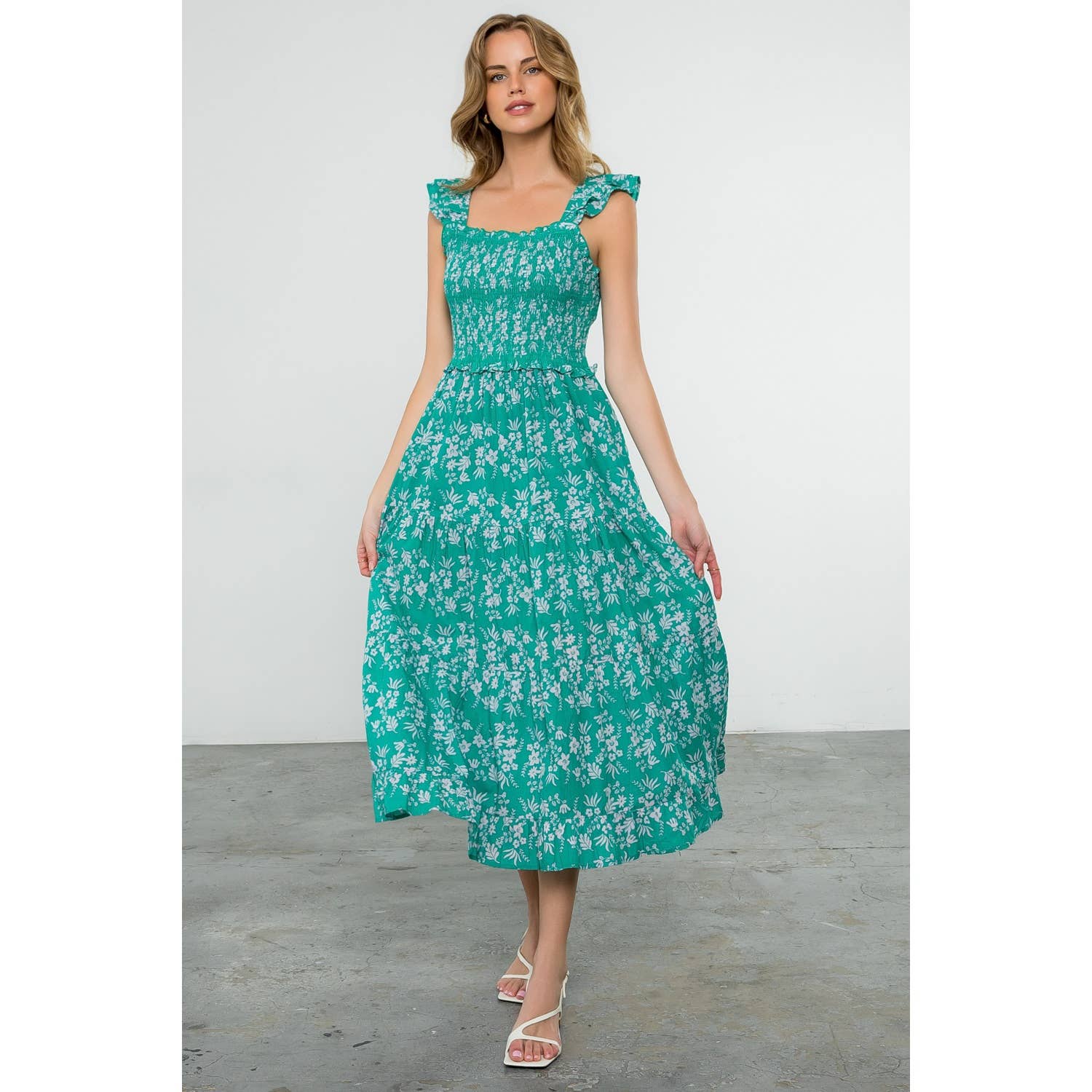 The Jasmine Green Floral Smocked Maxi Dress
