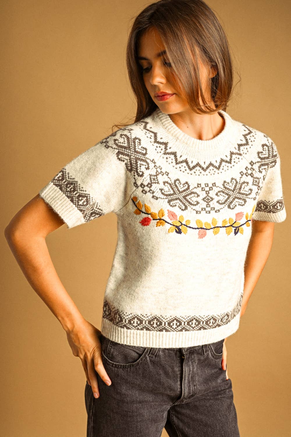 The Sierra Leaf Embroidered Short Sleeve Sweater