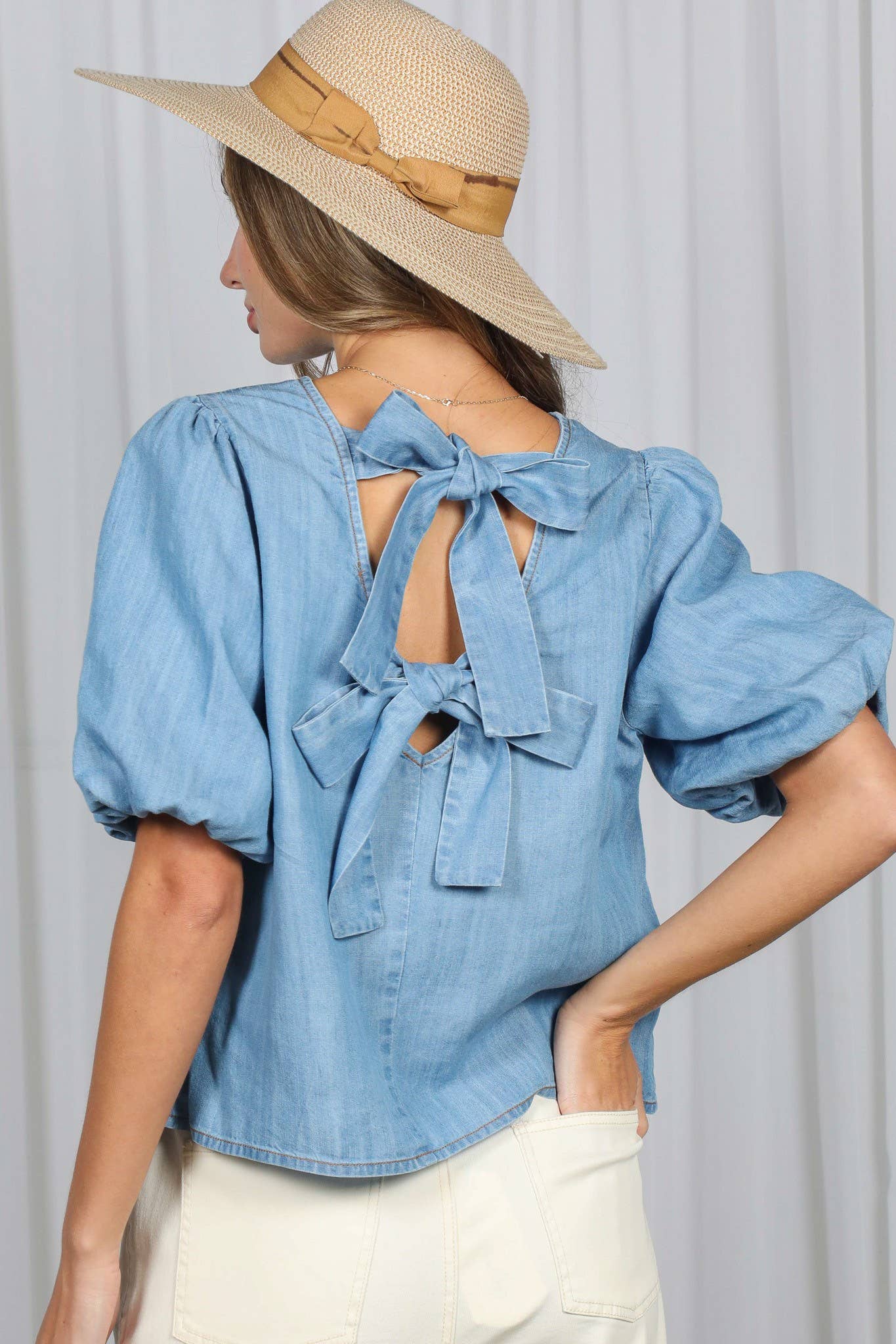 The Jess Bow Back Accent Chambray Top