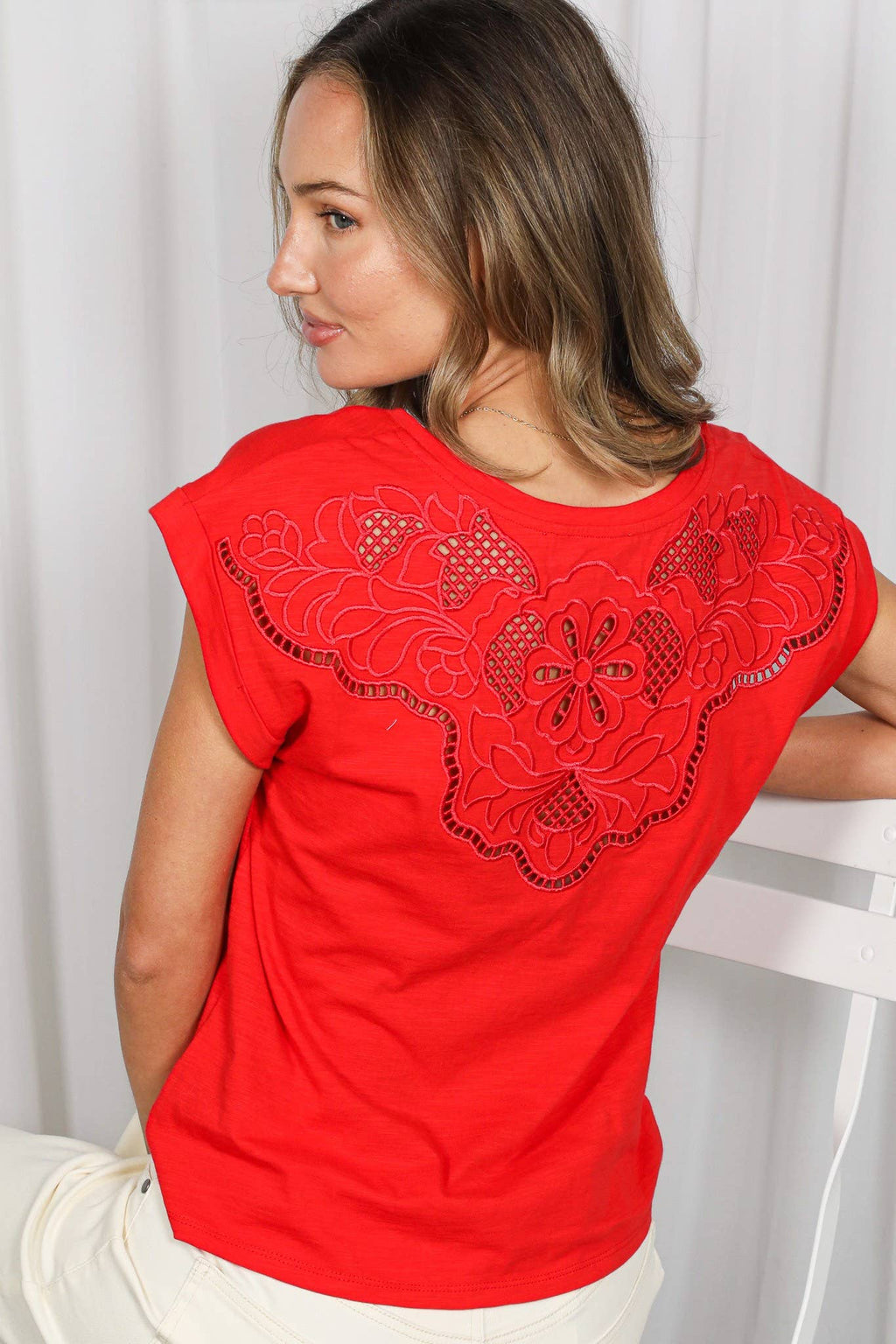 The Harlow Intricate Embroidery Accent Back Top