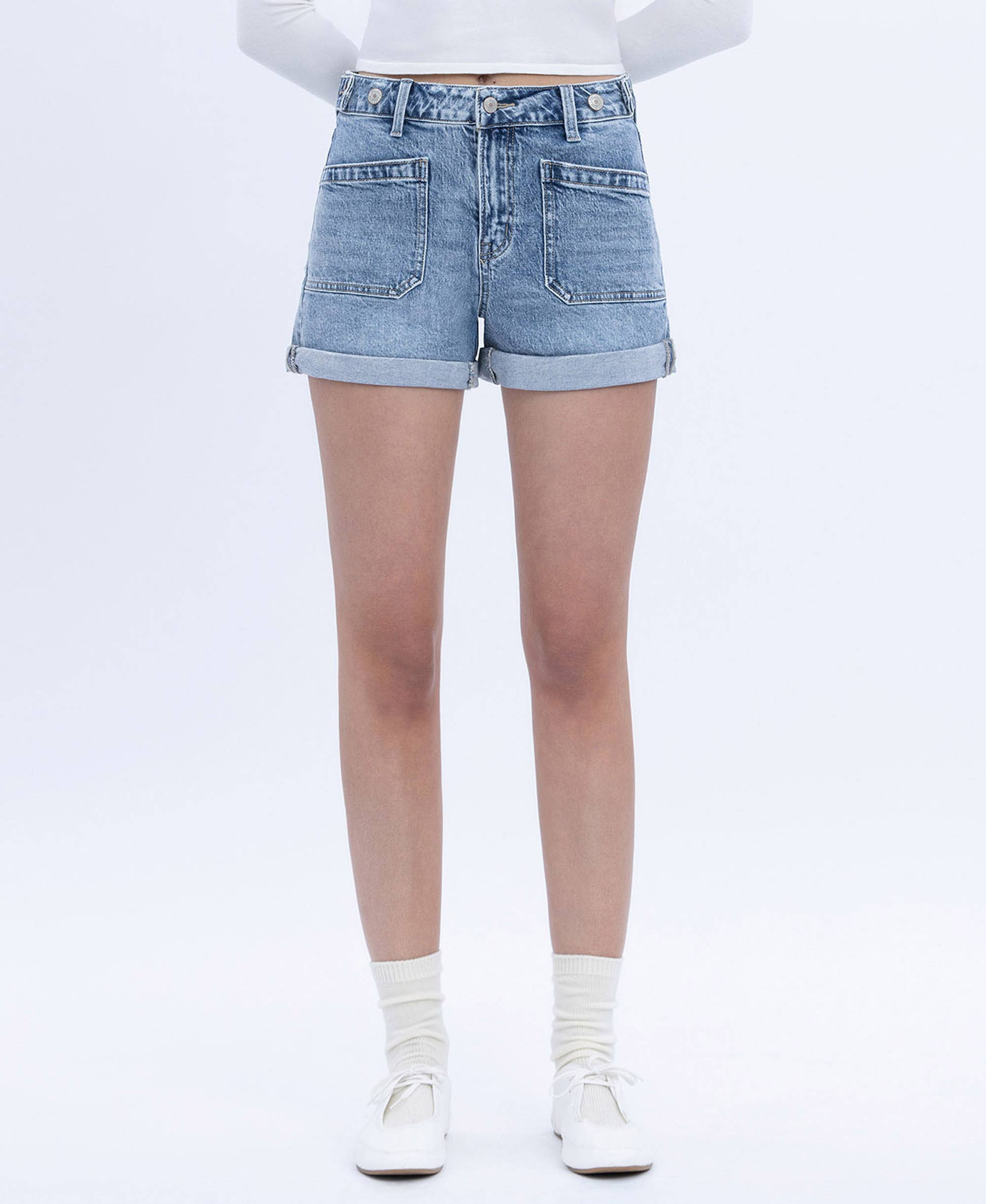High Rise Cuffed Denim Shorts