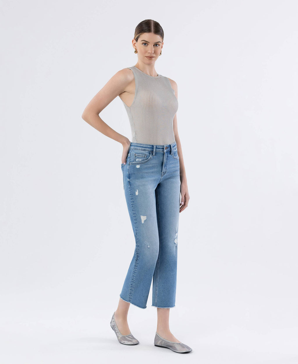 Softy High Rise Raw Hem Crop Straight Jeans