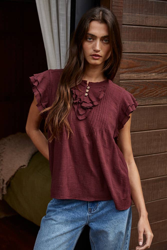 Annabelle Woven Button V-Neck SS Top