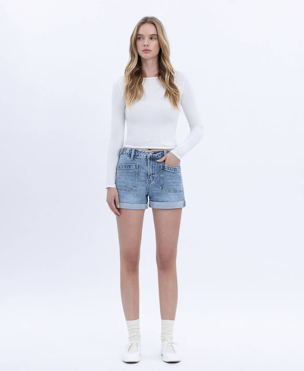 High Rise Cuffed Denim Shorts