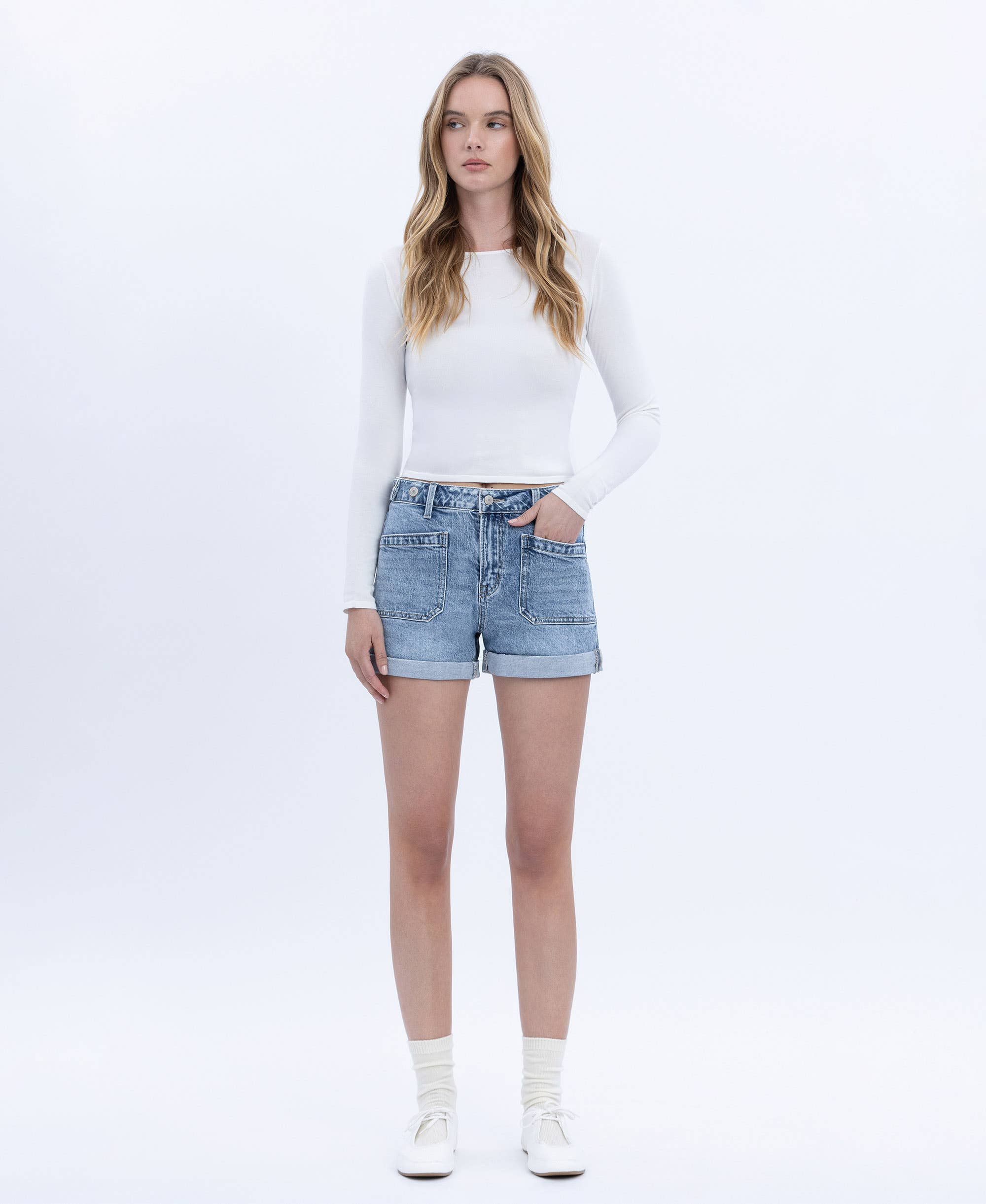 High Rise Cuffed Denim Shorts