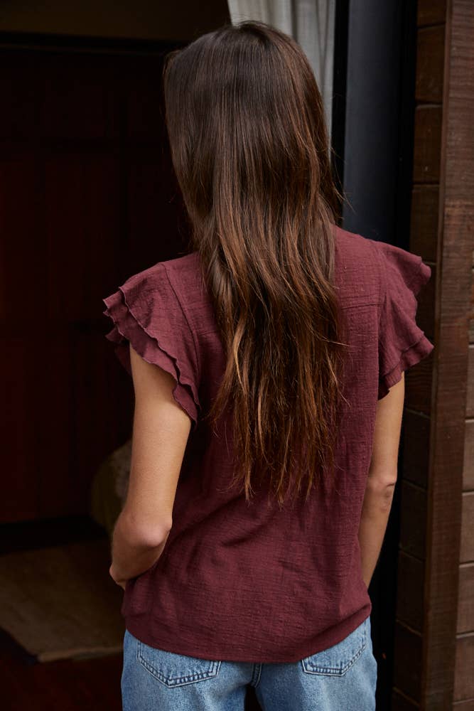 Annabelle Woven Button V-Neck SS Top