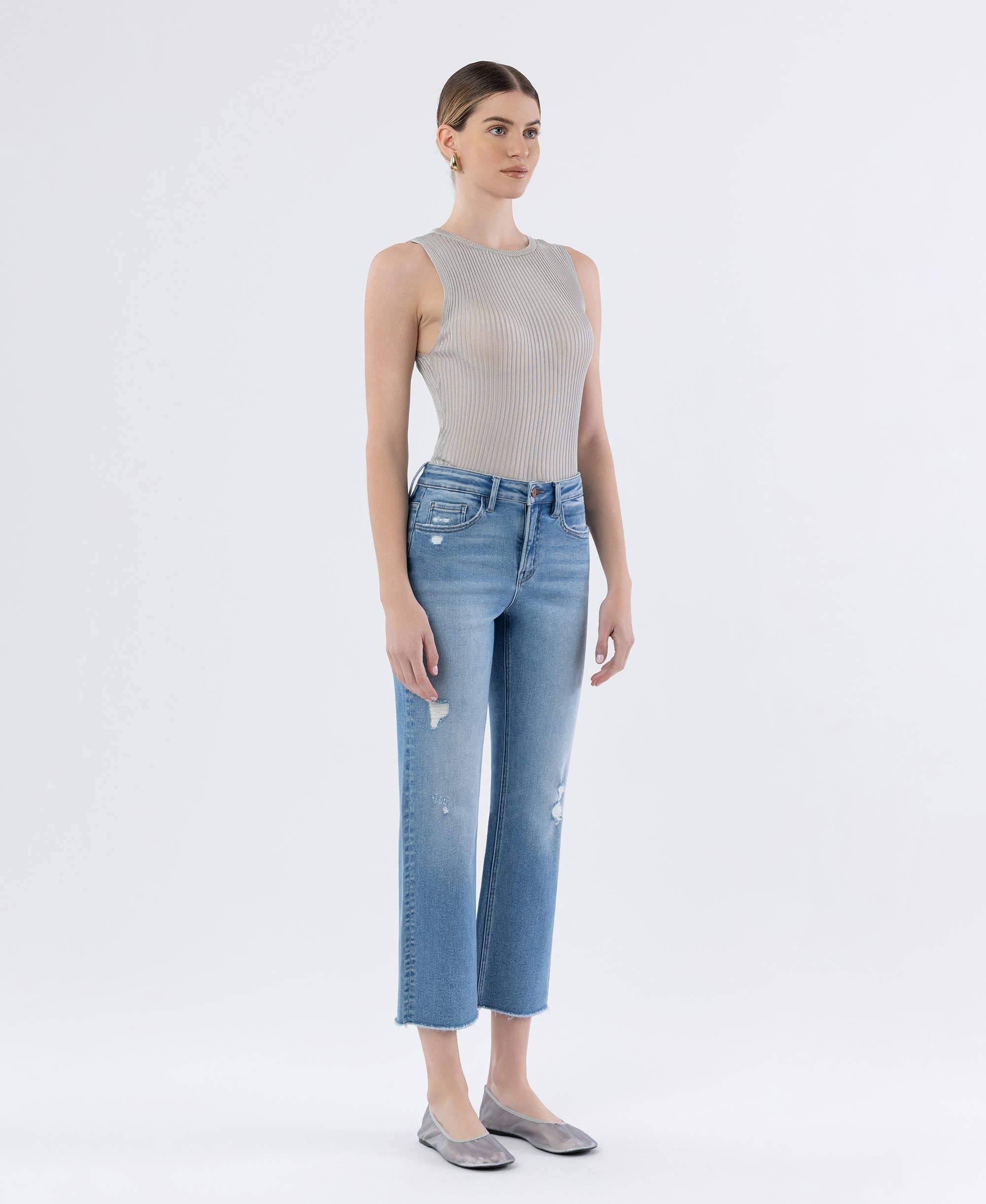 Softy High Rise Raw Hem Crop Straight Jeans