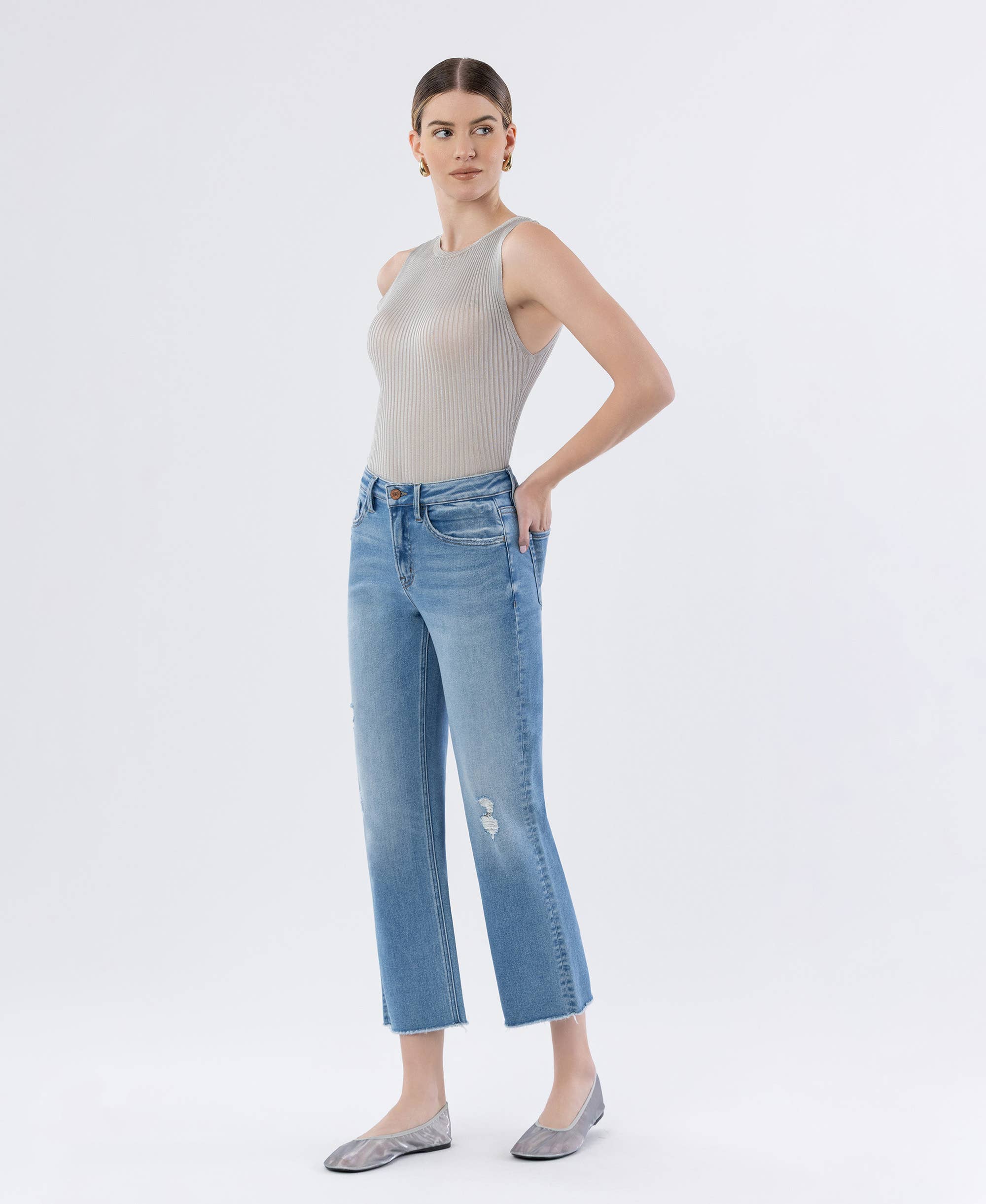 Softy High Rise Raw Hem Crop Straight Jeans