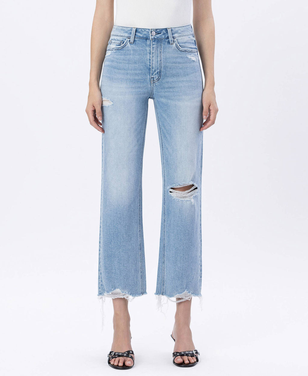 Ezra High Rise Distressed Slim Wide Jeans