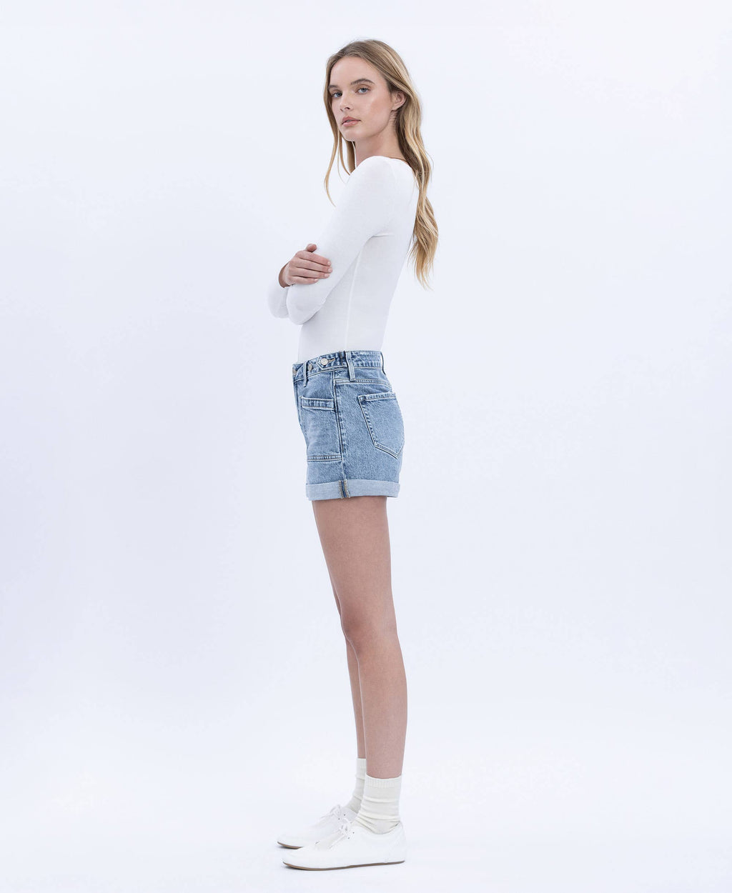 High Rise Cuffed Denim Shorts