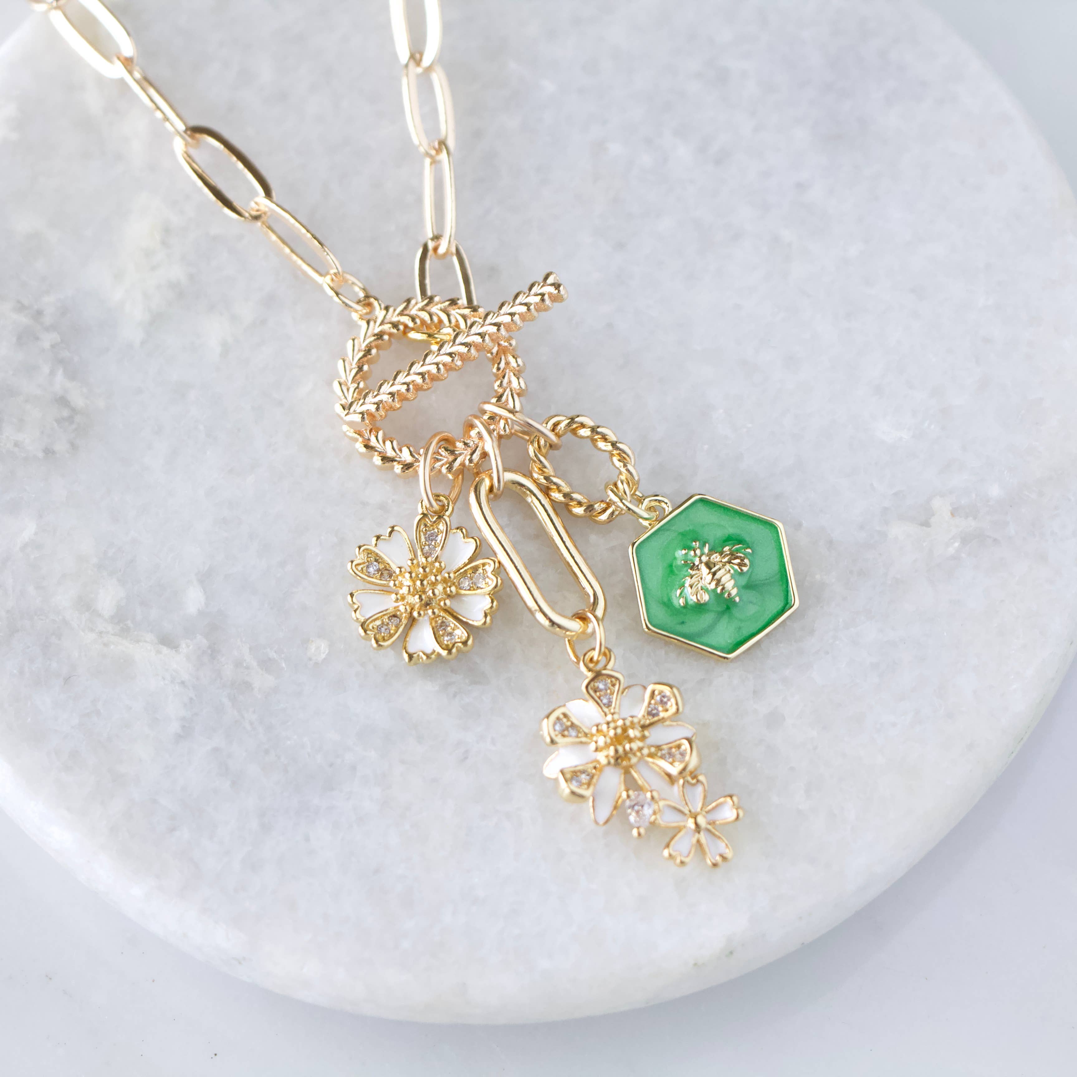 Enamel Bee and Flowers Charm Toggle Necklace 