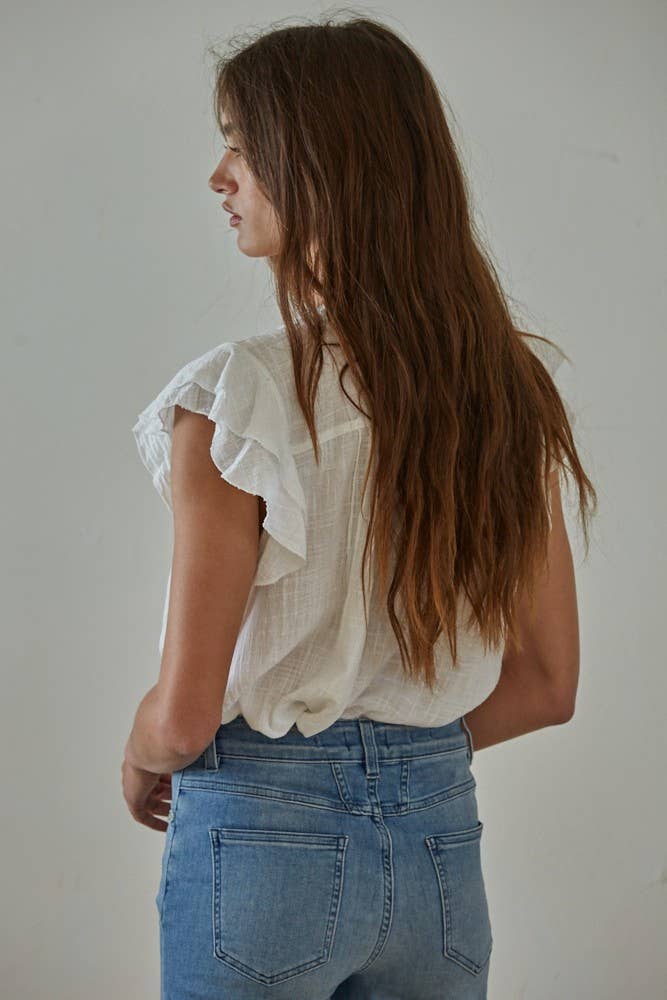 Annabelle Woven Button V-Neck SS Top