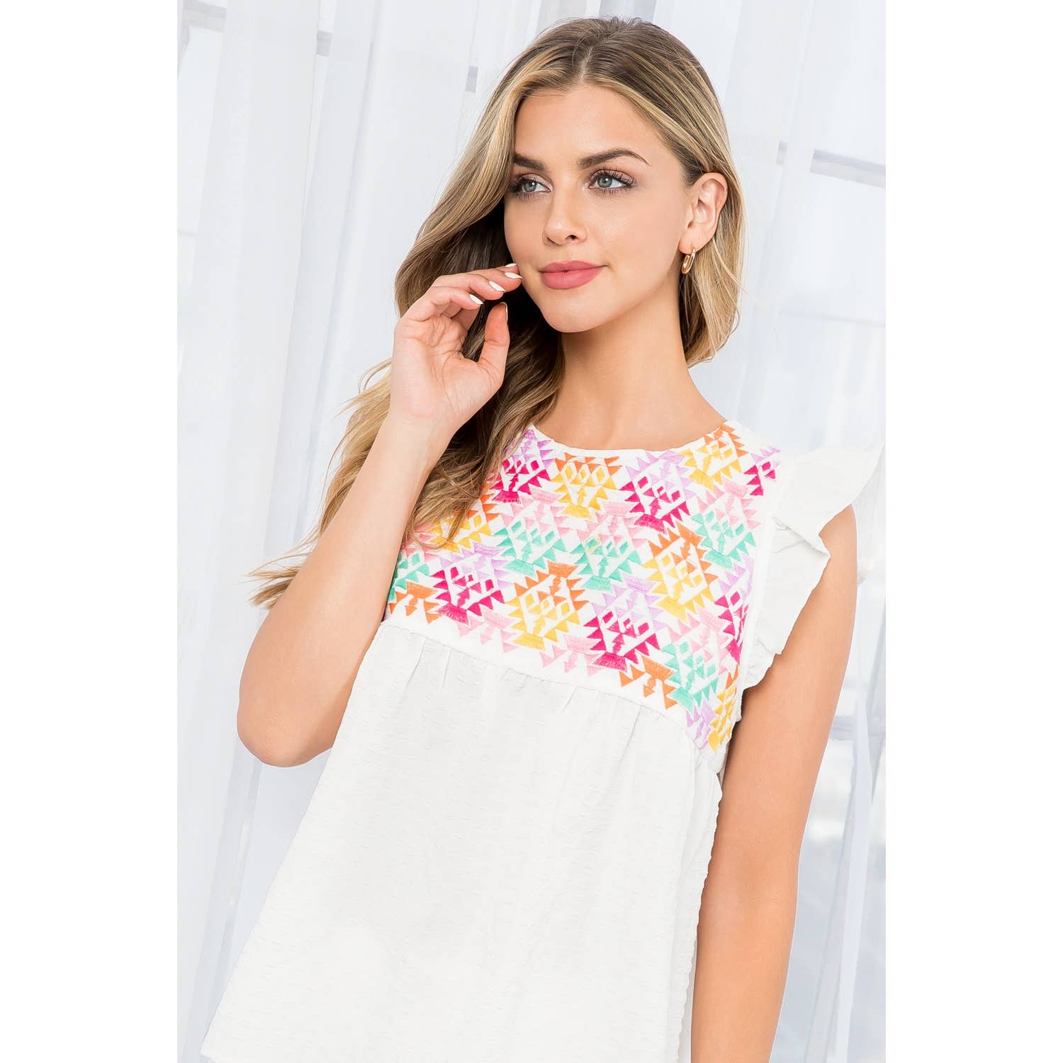 The Leah Embroidered Textured Top with Ruffles