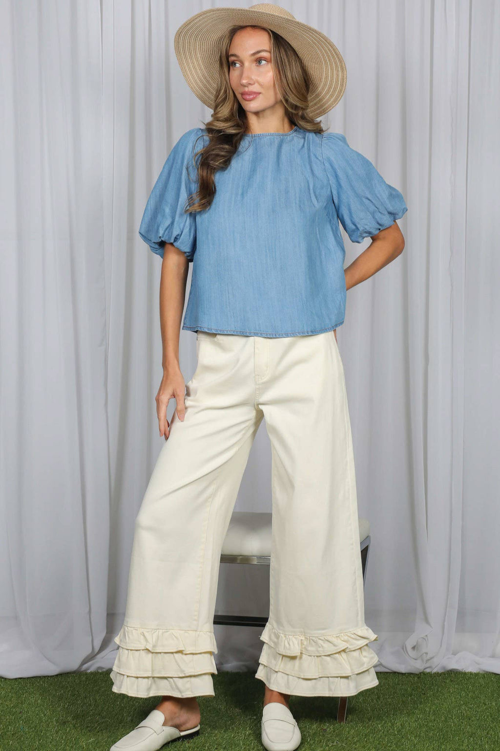The Jess Bow Back Accent Chambray Top