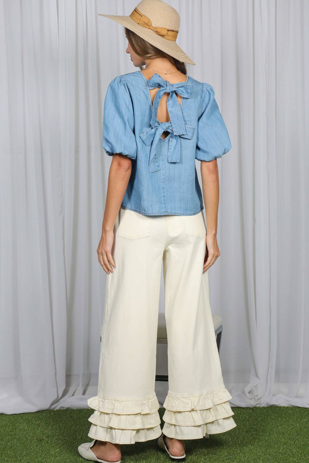The Jess Bow Back Accent Chambray Top