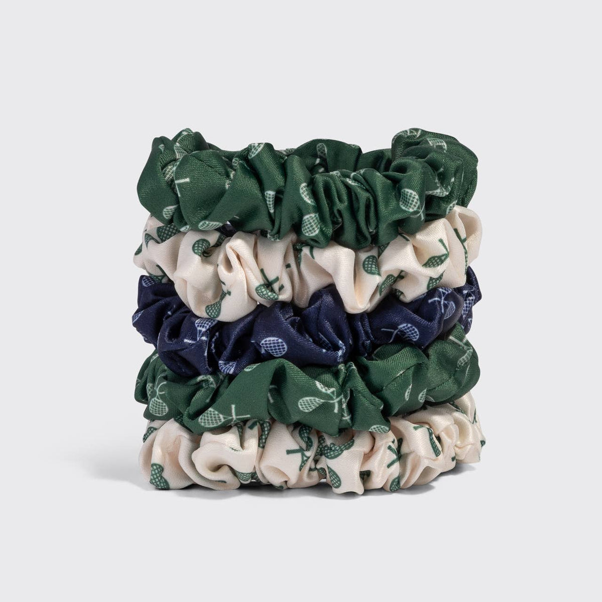Ruched Satin Scrunchies 5pc Set - Cream, Court Green & Navy Blue
