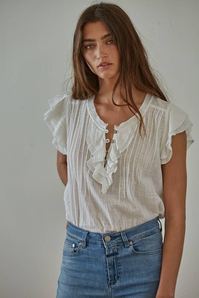 Annabelle Woven Button V-Neck SS Top