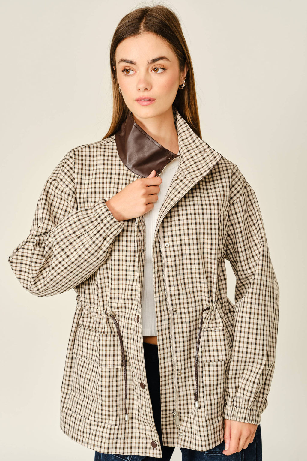 The Rainn Plaid Faux Leather Mock Neck Jacket