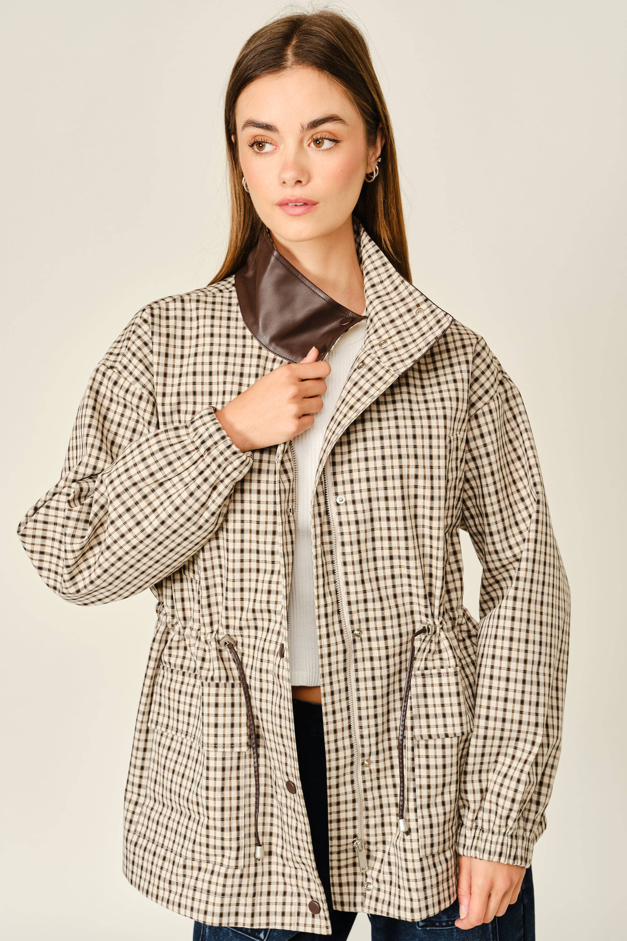 The Rainn Plaid Faux Leather Mock Neck Jacket