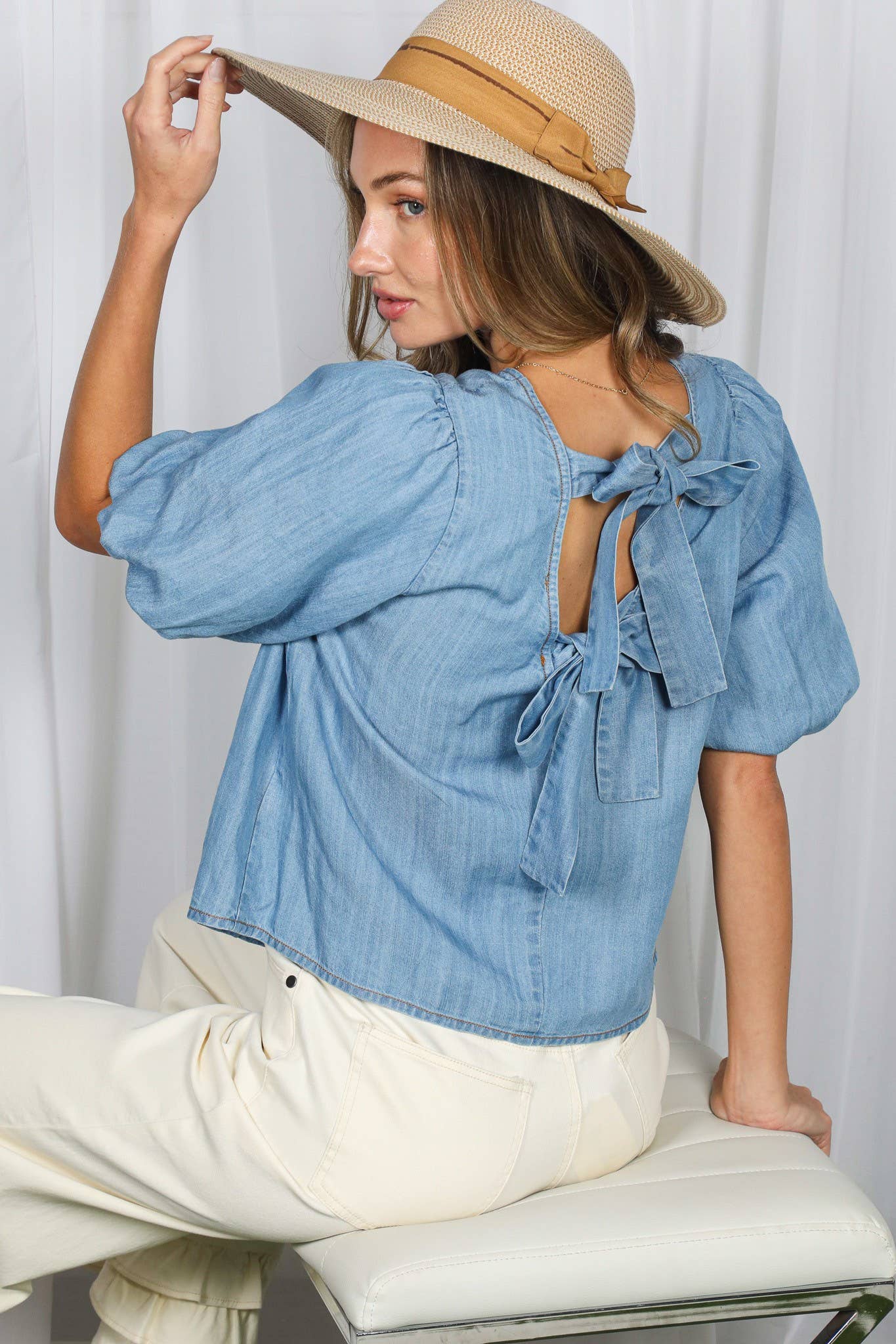 The Jess Bow Back Accent Chambray Top