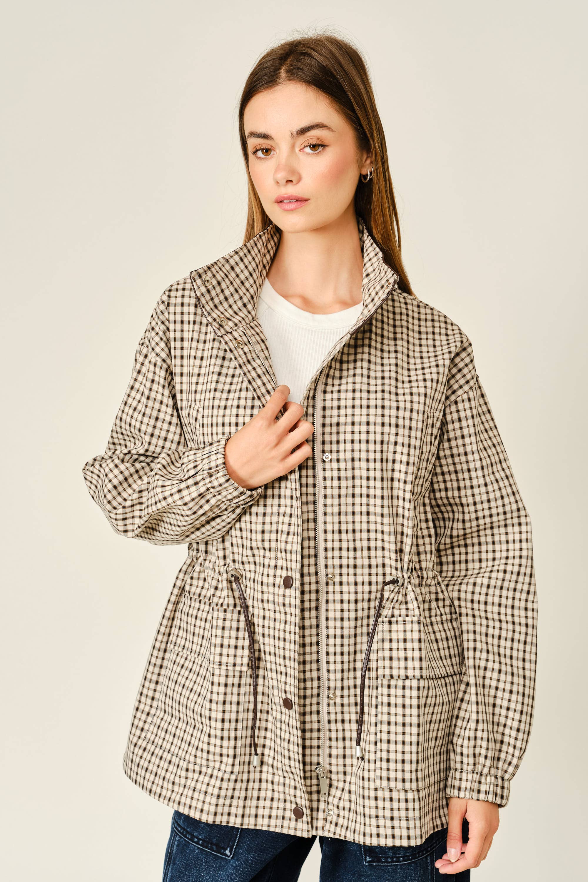 The Rainn Plaid Faux Leather Mock Neck Jacket