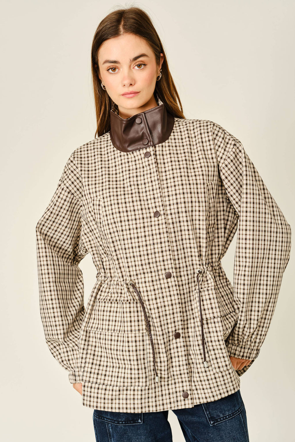 The Rainn Plaid Faux Leather Mock Neck Jacket