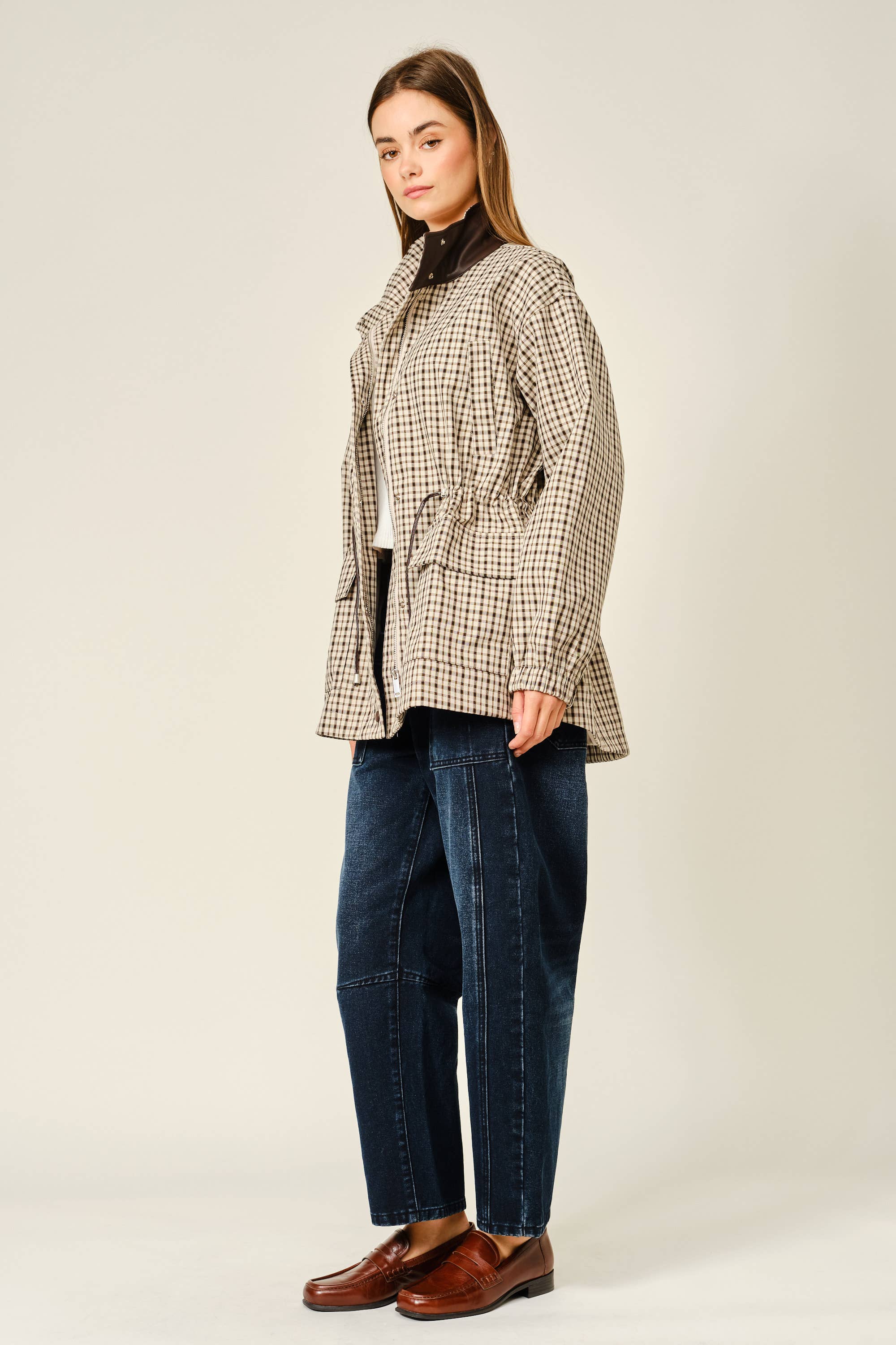 The Rainn Plaid Faux Leather Mock Neck Jacket