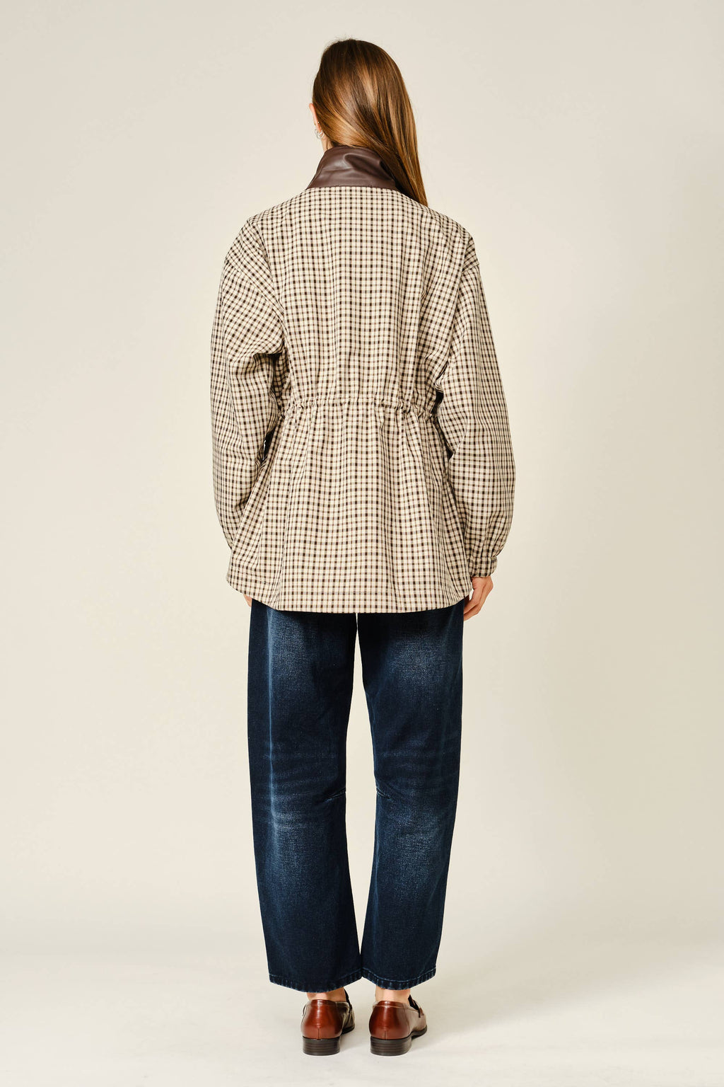 The Rainn Plaid Faux Leather Mock Neck Jacket