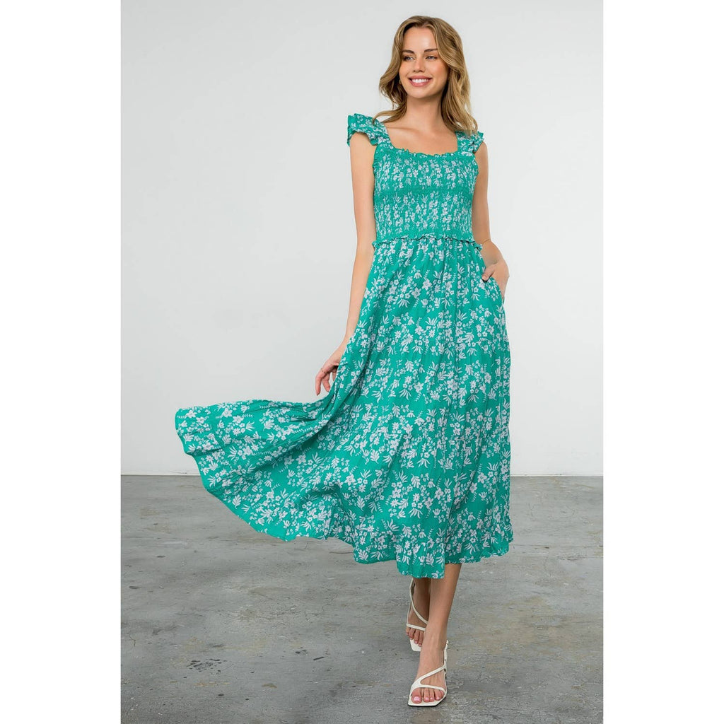 The Jasmine Green Floral Smocked Maxi Dress