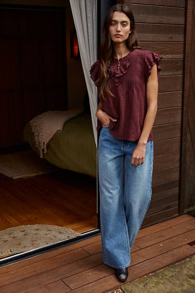 Annabelle Woven Button V-Neck SS Top