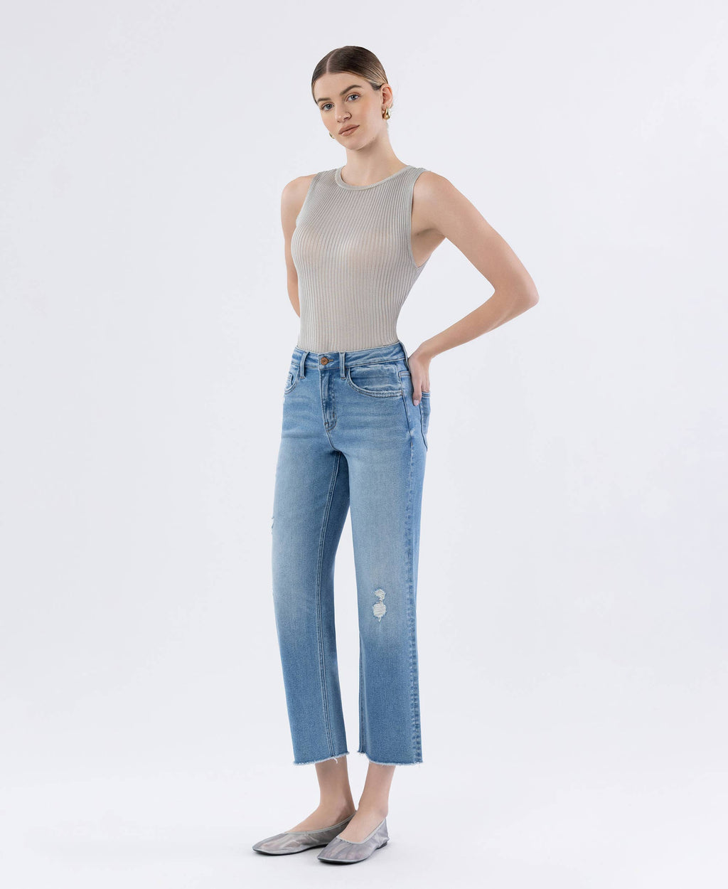 Softy High Rise Raw Hem Crop Straight Jeans