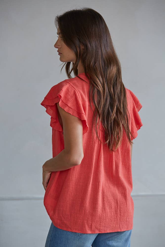 Annabelle Woven Button V-Neck SS Top