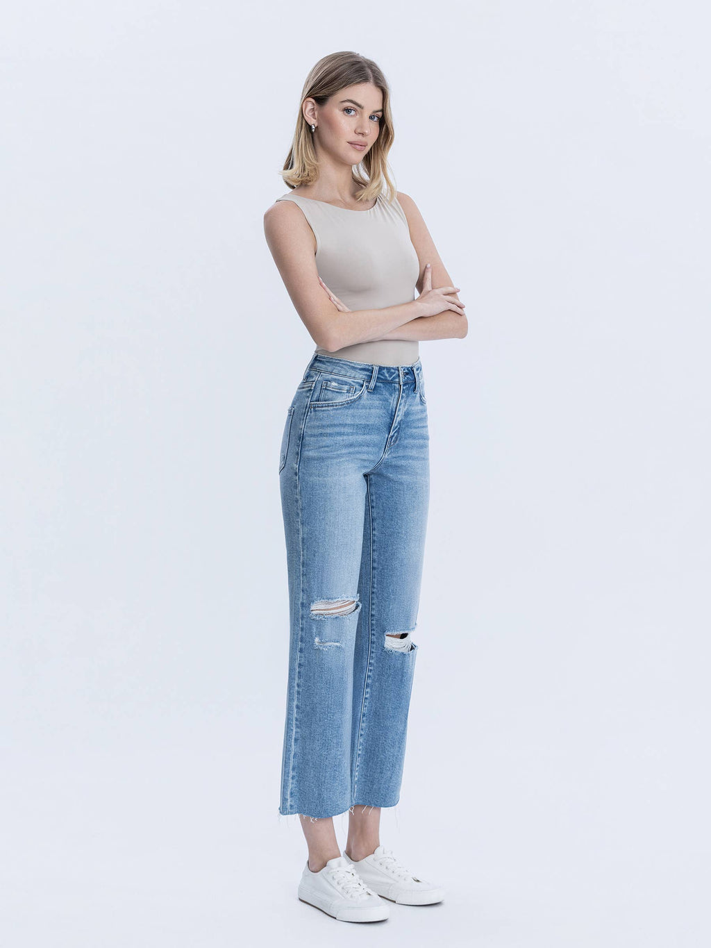Peggy High Rise Raw Hem Crop Slim Wide Jeans