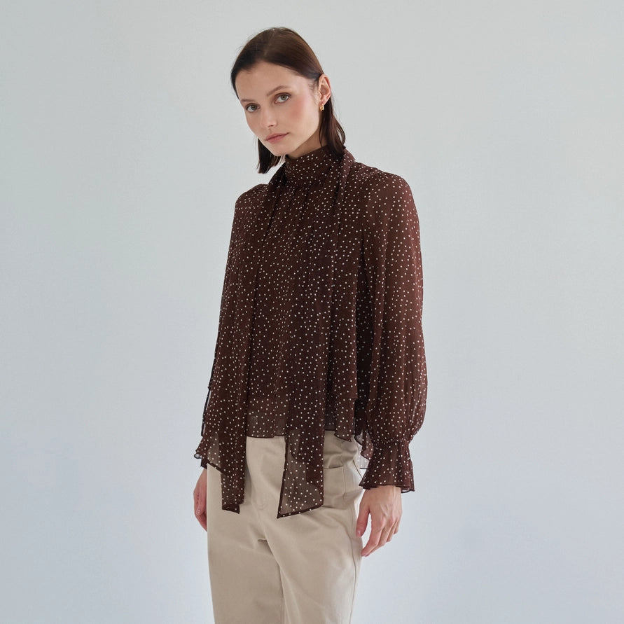The Monica Polka Dot Mock Neck Tie Blouse