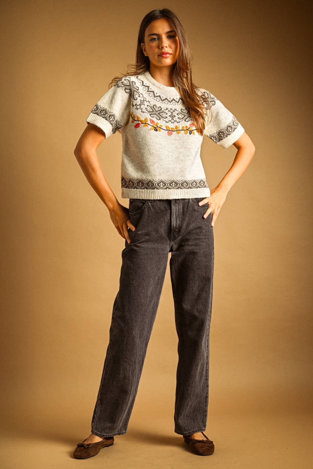 The Sierra Leaf Embroidered Short Sleeve Sweater