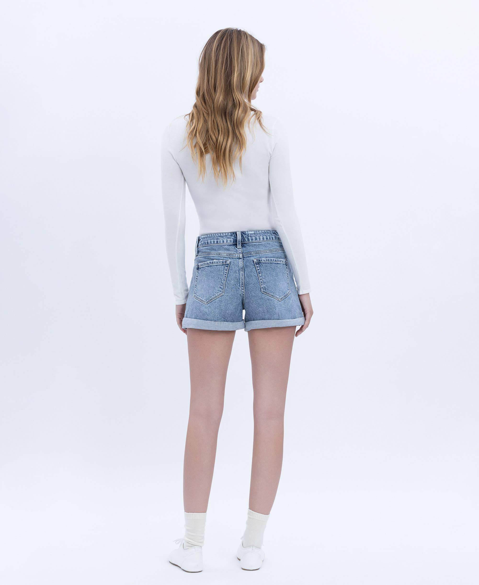High Rise Cuffed Denim Shorts