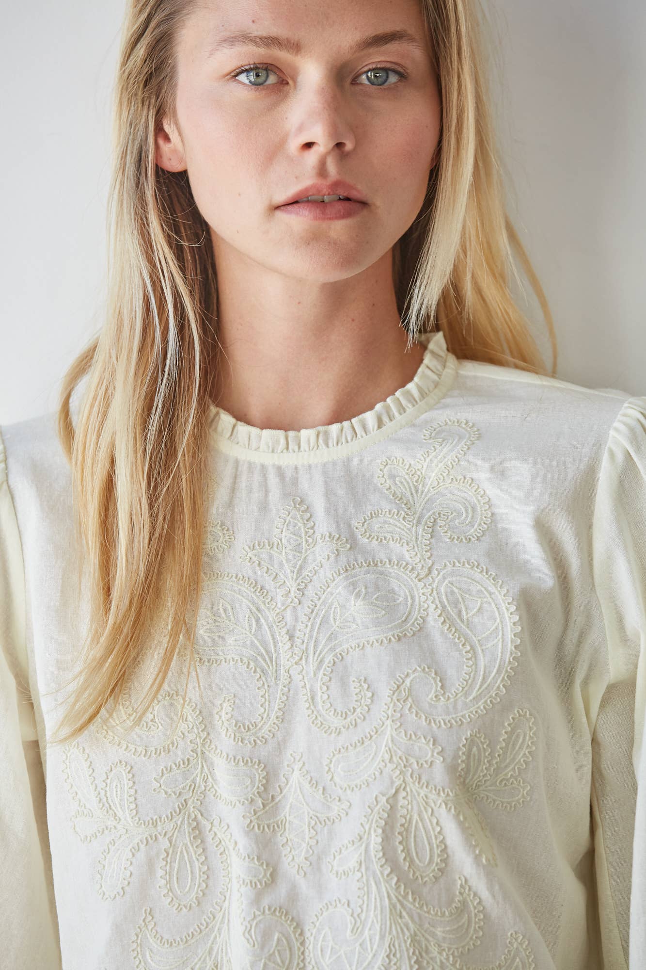 The Jordyn Mock Ruffle Neck Embroidered Top